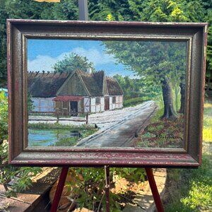 Vintage Danish Oil Painting of Rural Farmhouse Scene by A Frederiksen - DAMAGED